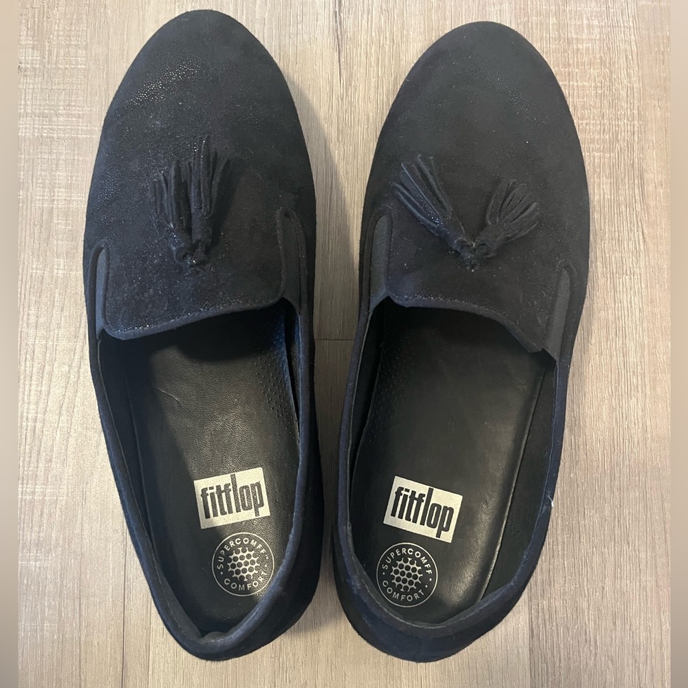 FitFlop Superskate Tassel Slip-on Loafer Black Shimmery Suede Leather - Size 11
